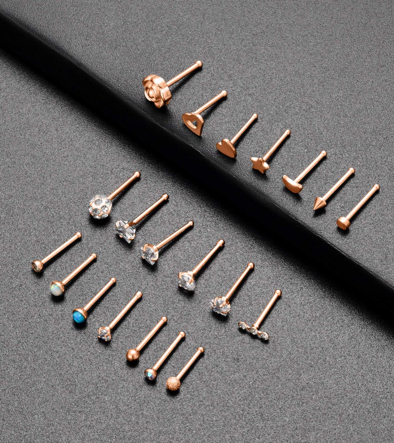 Tornito 20G 20Pcs Nose Ring CZ Nose Stud Retainer Bone Labret Nose Piercing Jewelry Set Stainless Steel Rose Gold Tone - Image 4